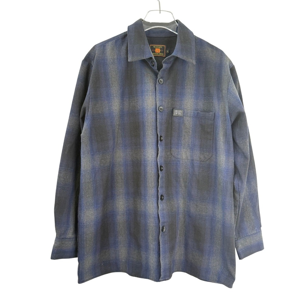 FB County Checker Shirt Men L Blue Black Ombre Plaid Long Sleeve Button Down